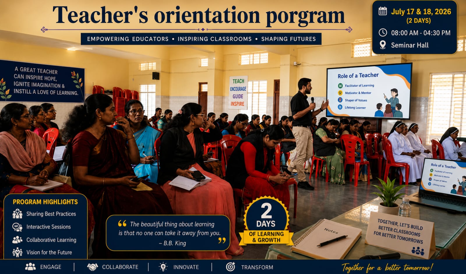 Teachers' Orientation Programme 2026 at St. Anne's School, Sira — faculty attending a session in the Seminar Hall