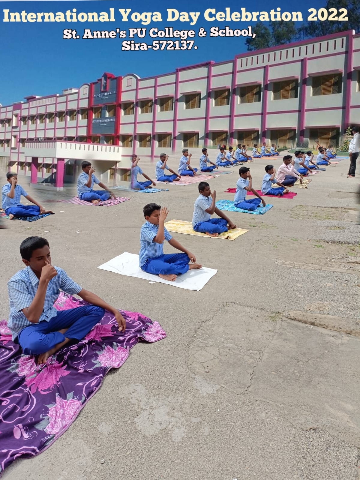 Students practising pranayama, International Yoga Day 2022
